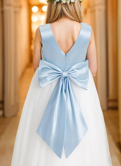 Ball-Gown/Princess Scoop Floor-Length Satin/Tulle Flower Girl Dress With Bow/Beading/3D Floral