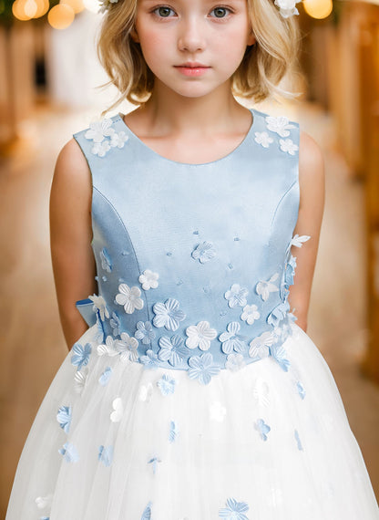 Ball-Gown/Princess Scoop Floor-Length Satin/Tulle Flower Girl Dress With Bow/Beading/3D Floral