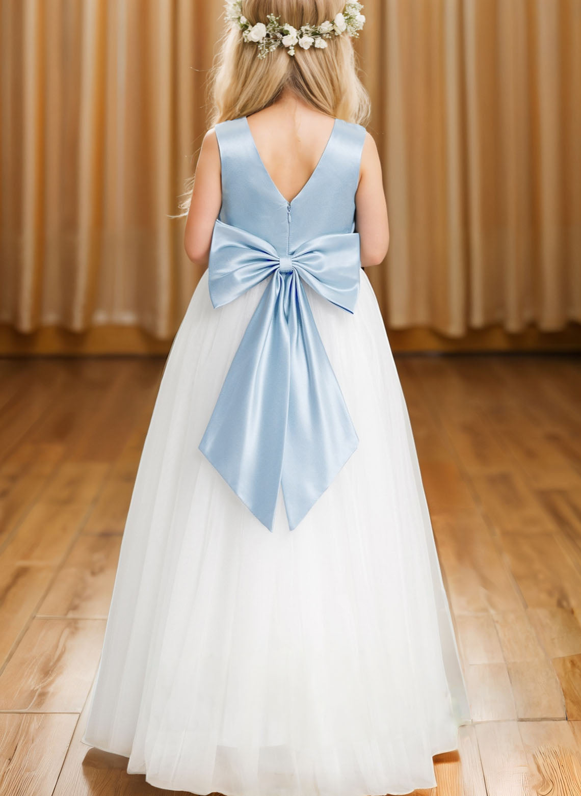 Ball-Gown/Princess Scoop Floor-Length Satin/Tulle Flower Girl Dress With Bow/Beading/3D Floral