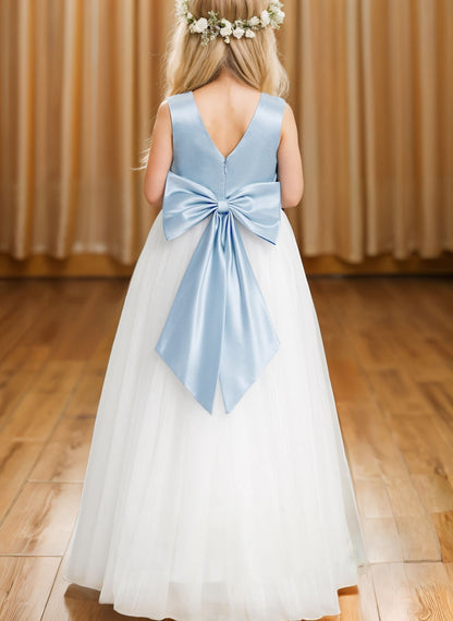Ball-Gown/Princess Scoop Floor-Length Satin/Tulle Flower Girl Dress With Bow/Beading/3D Floral