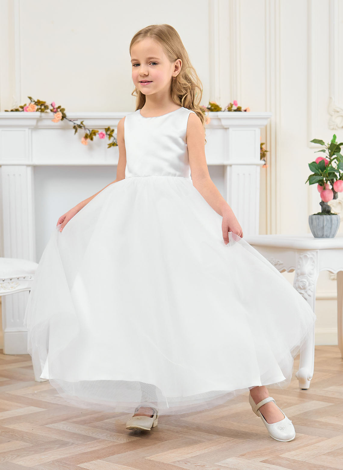 Floryme Ball-Gown/Princess Scoop Satin Tulle Ankle Length Flower Girl Dress With Bow