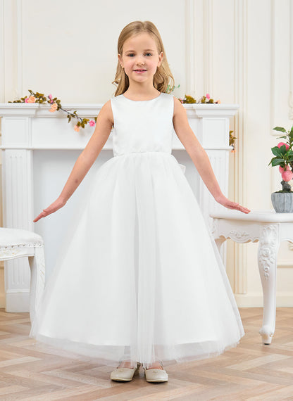 Floryme Ball-Gown/Princess Scoop Satin Tulle Ankle Length Flower Girl Dress With Bow