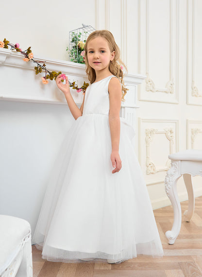 Floryme Ball-Gown/Princess Scoop Satin Tulle Ankle Length Flower Girl Dress With Bow