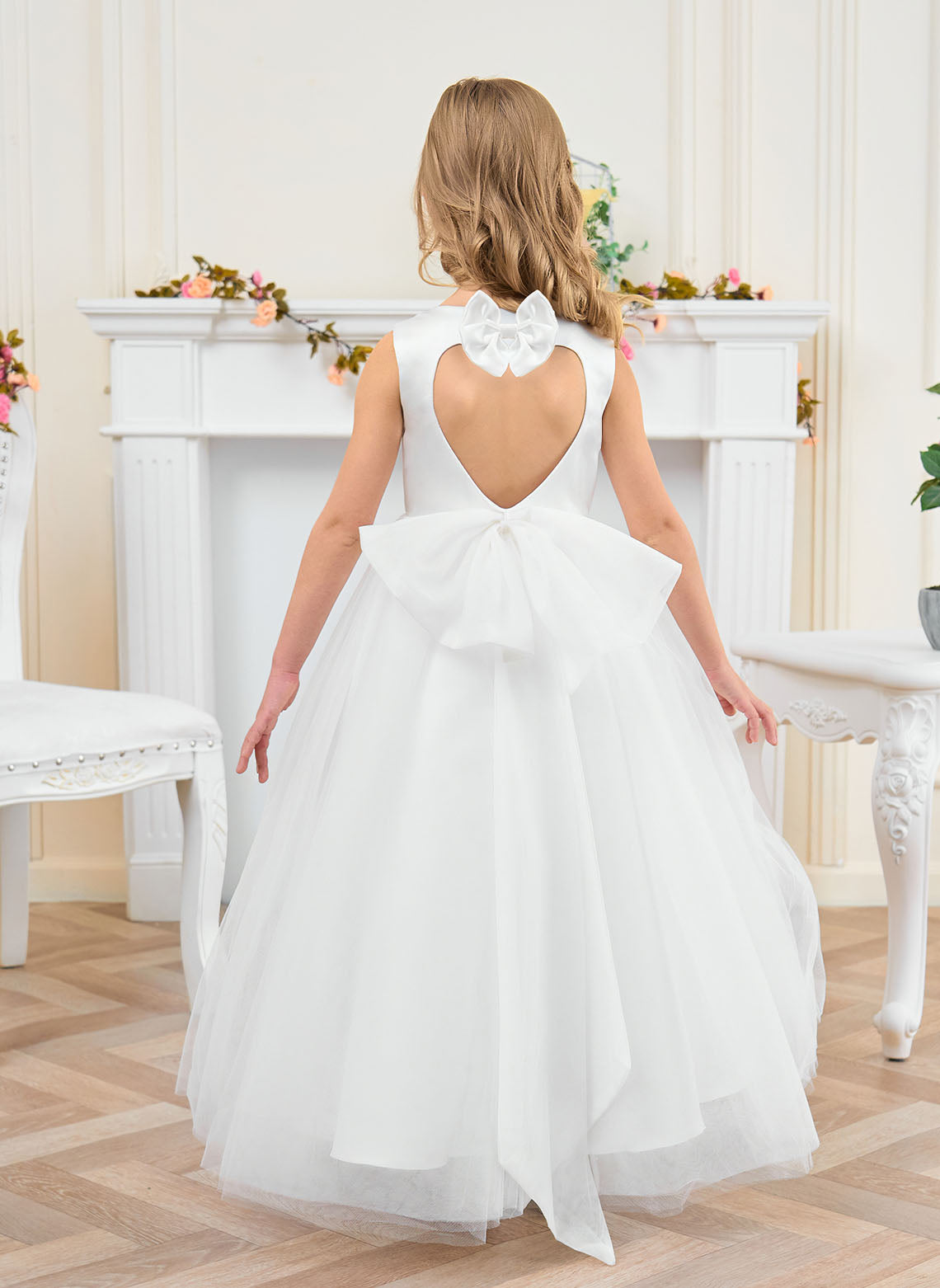 Floryme Ball-Gown/Princess Scoop Satin Tulle Ankle Length Flower Girl Dress With Bow