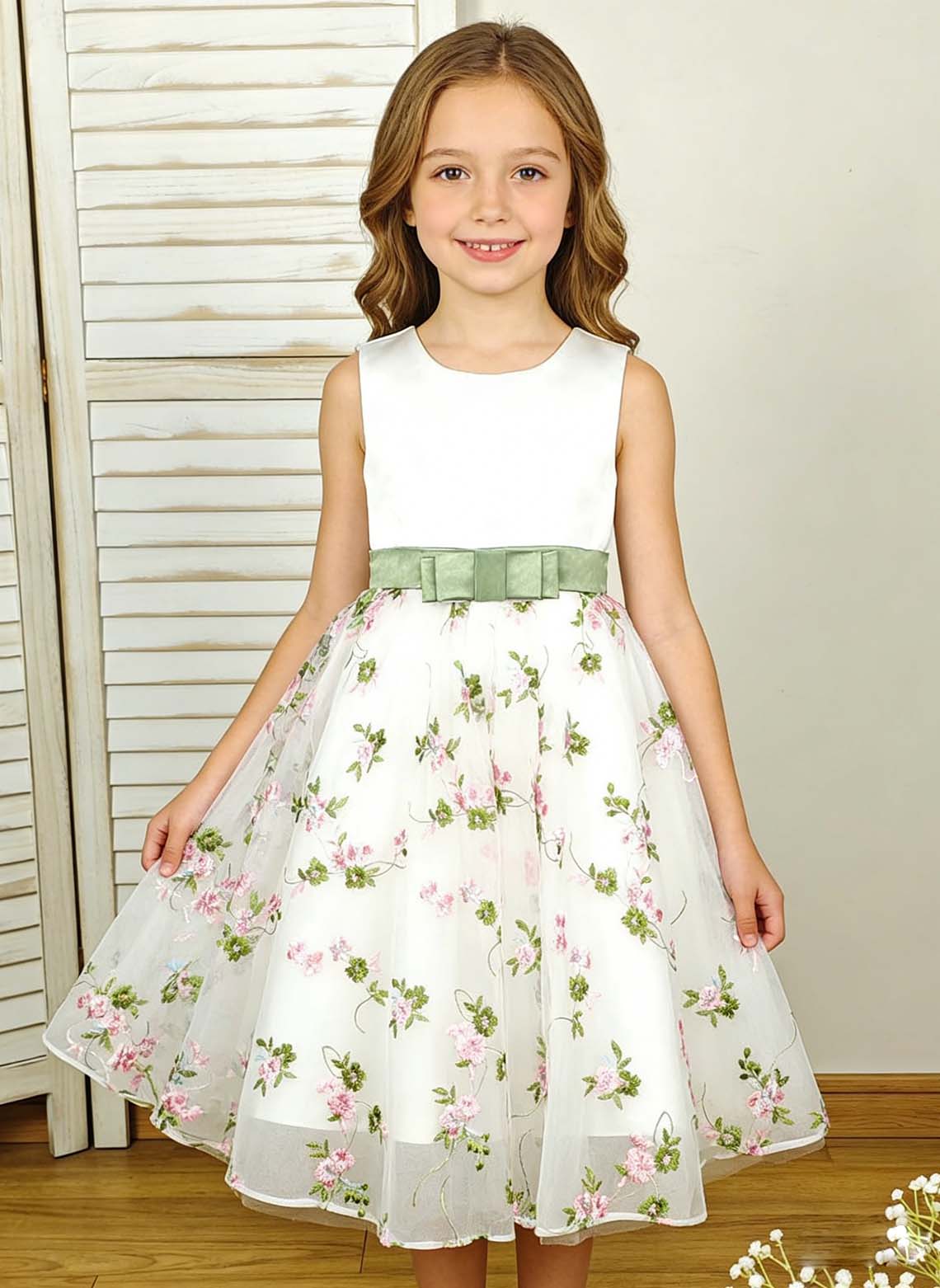 Floryme A-line Scoop Satin Tulle Tea-Length Flower Girl Dress With Bow