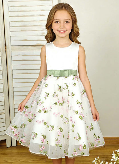 Floryme A-line Scoop Satin Tulle Tea-Length Flower Girl Dress With Bow