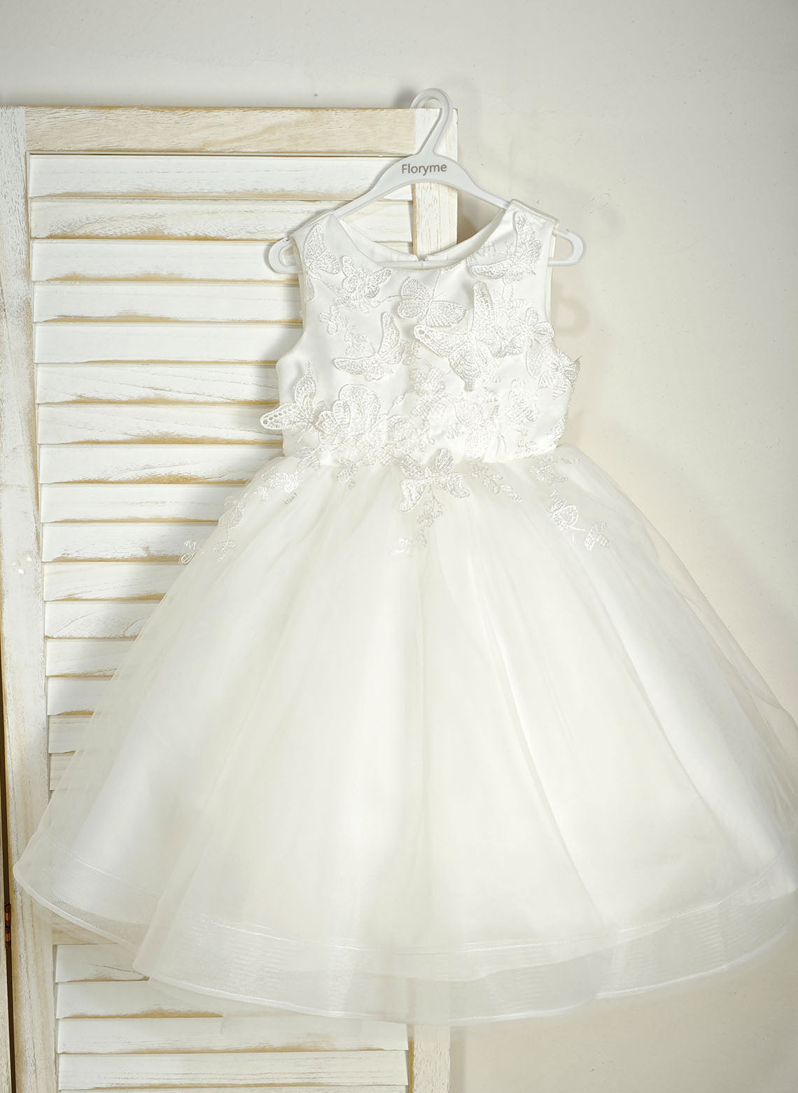 Floryme Ball-Gown/Princess Scoop Satin Tulle Tea-Length Flower Girl Dress With 3D Butterfly