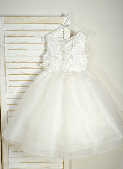 Floryme Ball-Gown/Princess Scoop Satin Tulle Tea-Length Flower Girl Dress With 3D Butterfly