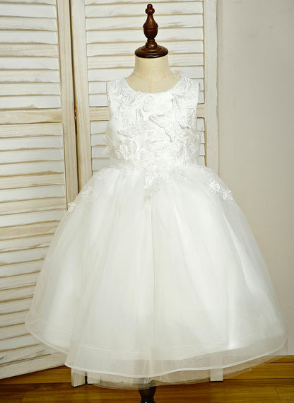 Floryme Ball-Gown/Princess Scoop Satin Tulle Tea-Length Flower Girl Dress With 3D Butterfly