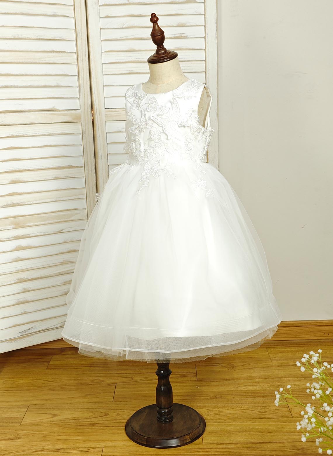Floryme Ball-Gown/Princess Scoop Satin Tulle Tea-Length Flower Girl Dress With 3D Butterfly