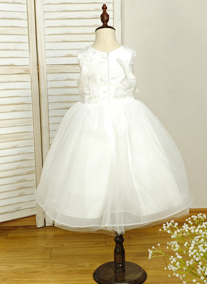 Floryme Ball-Gown/Princess Scoop Satin Tulle Tea-Length Flower Girl Dress With 3D Butterfly