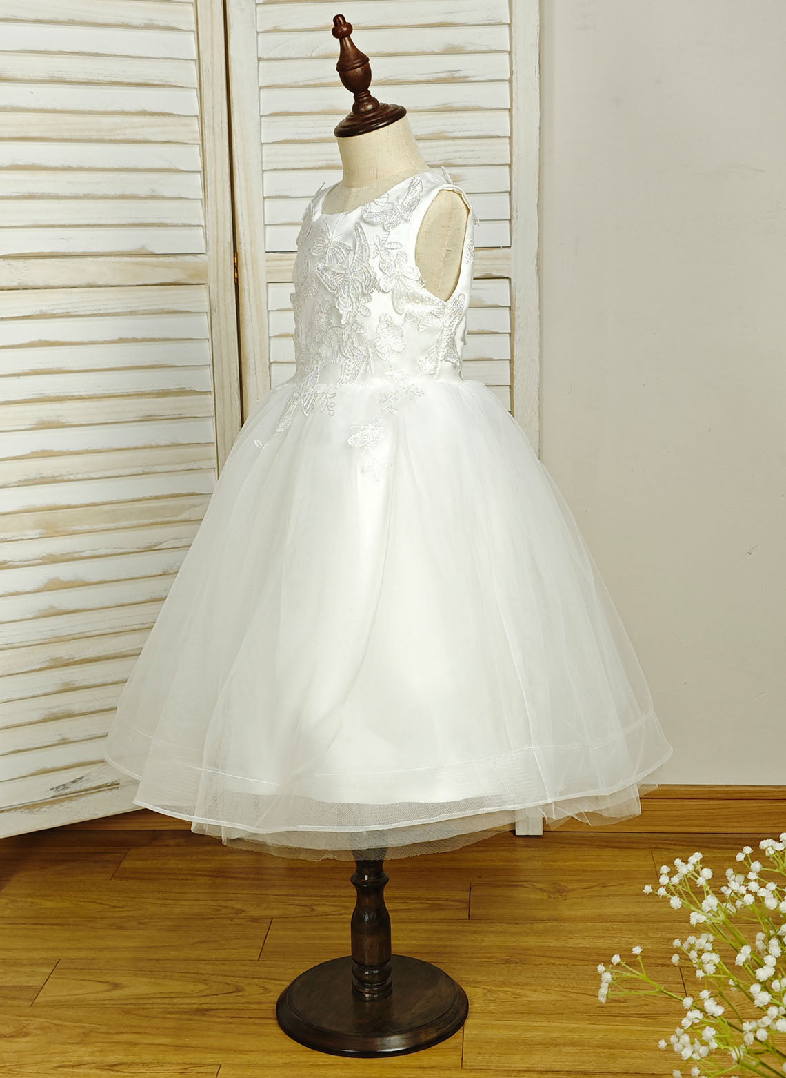 Floryme Ball-Gown/Princess Scoop Satin Tulle Tea-Length Flower Girl Dress With 3D Butterfly