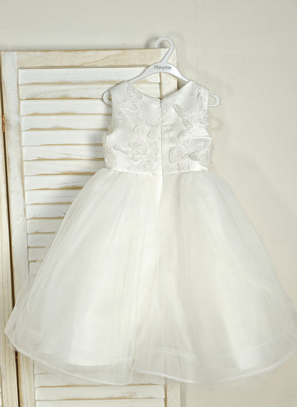 Floryme Ball-Gown/Princess Scoop Satin Tulle Tea-Length Flower Girl Dress With 3D Butterfly