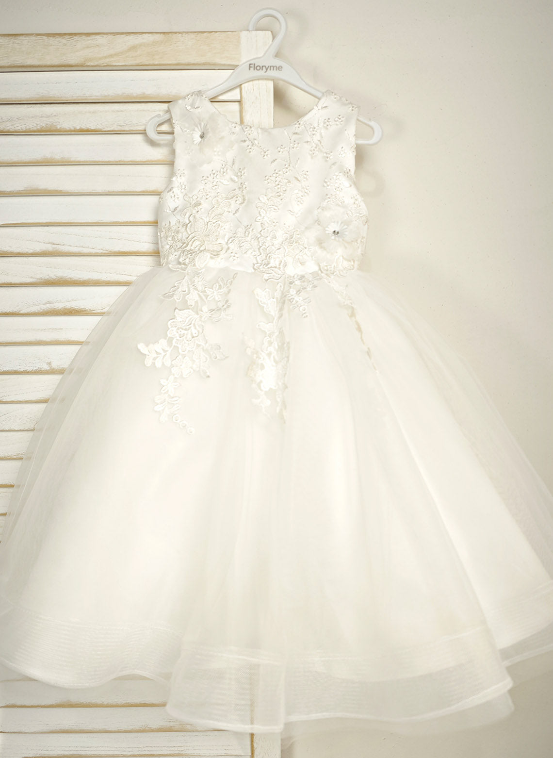 Floryme Ball-Gown/Princess Scoop Lace/Tulle Tea-Length Flower Girl Dress With 3D Flowers