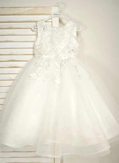 Floryme Ball-Gown/Princess Scoop Lace/Tulle Tea-Length Flower Girl Dress With 3D Flowers