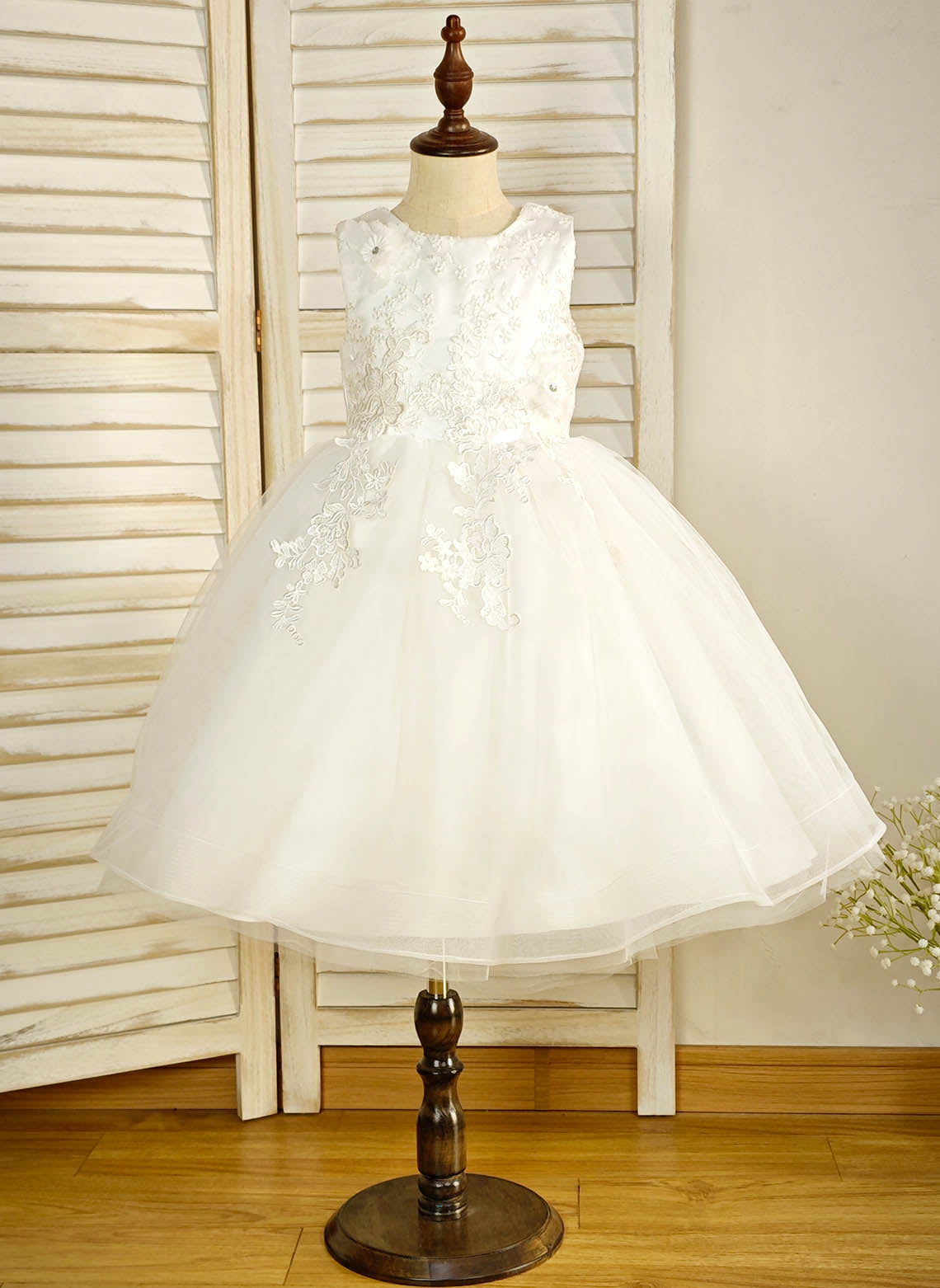Floryme Ball-Gown/Princess Scoop Lace/Tulle Tea-Length Flower Girl Dress With 3D Flowers