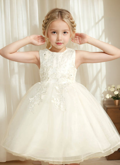 Floryme Ball-Gown/Princess Scoop Lace/Tulle Tea-Length Flower Girl Dress With 3D Flowers