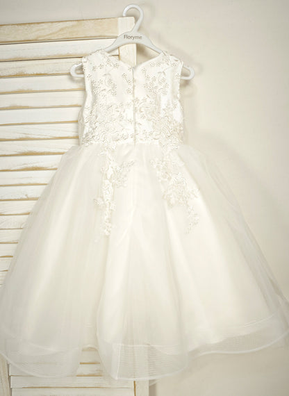 Floryme Ball-Gown/Princess Scoop Lace/Tulle Tea-Length Flower Girl Dress With 3D Flowers