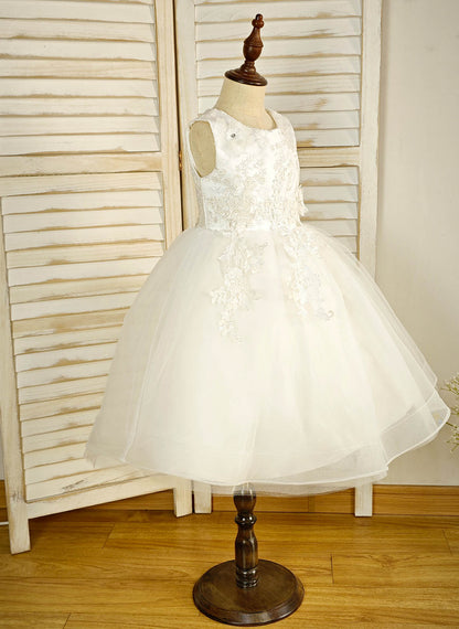 Floryme Ball-Gown/Princess Scoop Lace/Tulle Tea-Length Flower Girl Dress With 3D Flowers