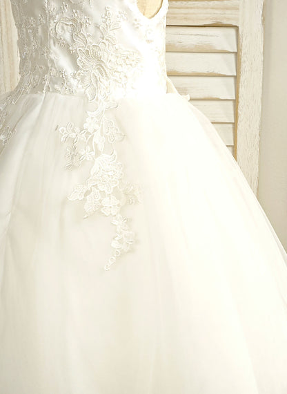 Floryme Ball-Gown/Princess Scoop Lace/Tulle Tea-Length Flower Girl Dress With 3D Flowers