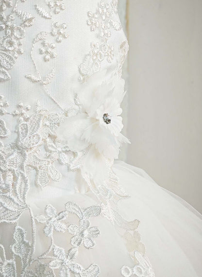 Floryme Ball-Gown/Princess Scoop Lace/Tulle Tea-Length Flower Girl Dress With 3D Flowers