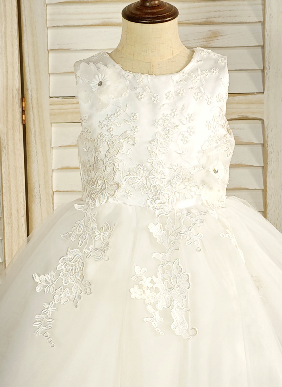 Floryme Ball-Gown/Princess Scoop Lace/Tulle Tea-Length Flower Girl Dress With 3D Flowers