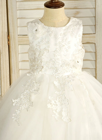 Floryme Ball-Gown/Princess Scoop Lace/Tulle Tea-Length Flower Girl Dress With 3D Flowers