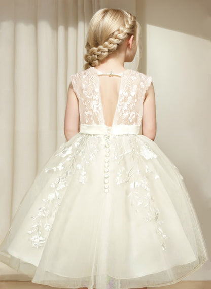 Floryme Ball-Gown Scoop Tulle/Satin Tea-Length Flower Girl Dress With Lace Applique