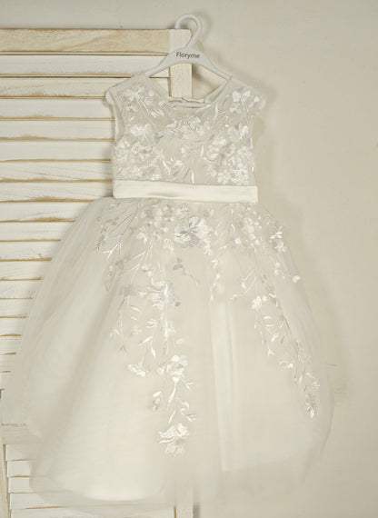 Floryme Ball-Gown Scoop Tulle/Satin Tea-Length Flower Girl Dress With Lace Applique