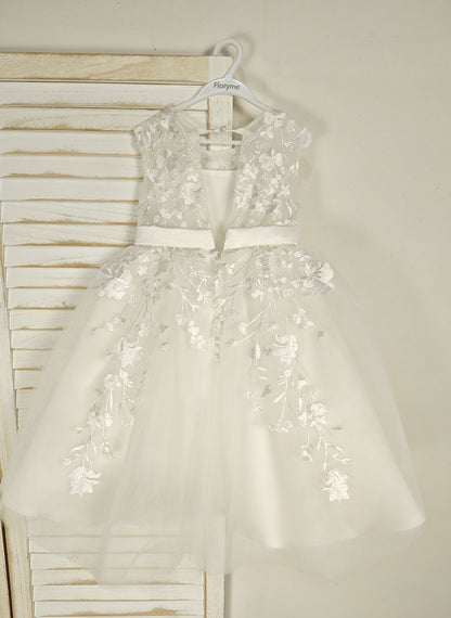 Floryme Ball-Gown Scoop Tulle/Satin Tea-Length Flower Girl Dress With Lace Applique