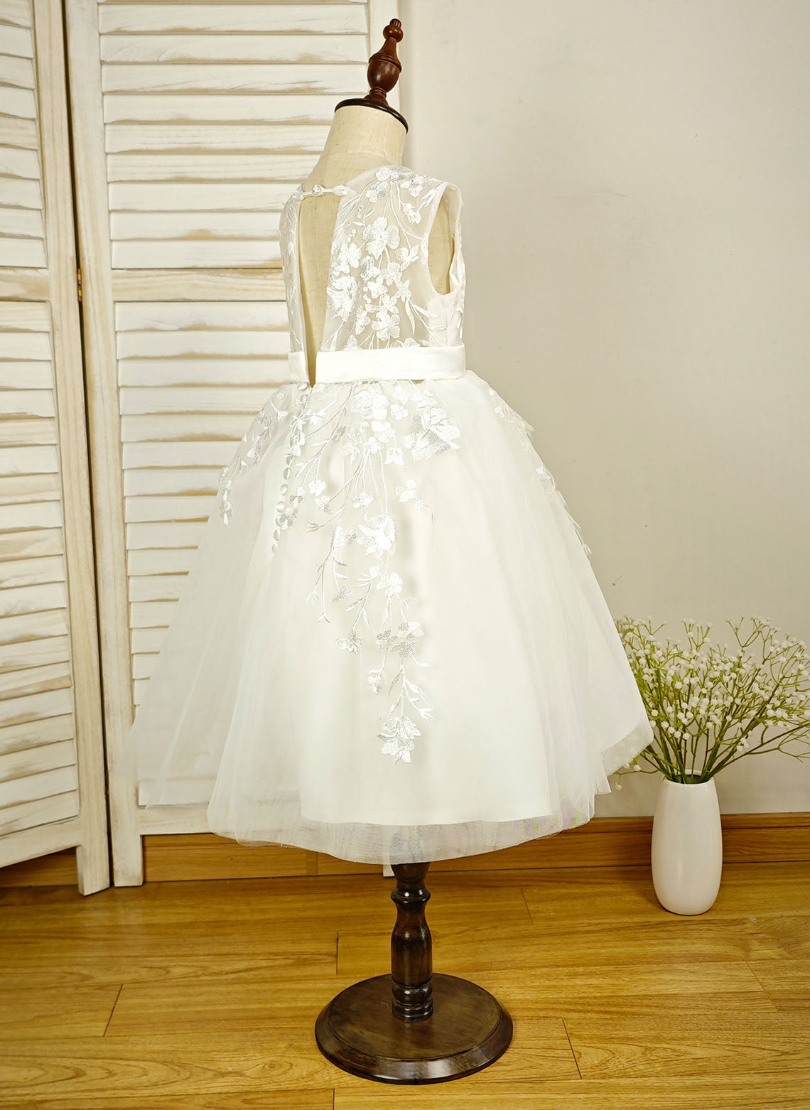 Floryme Ball-Gown Scoop Tulle/Satin Tea-Length Flower Girl Dress With Lace Applique