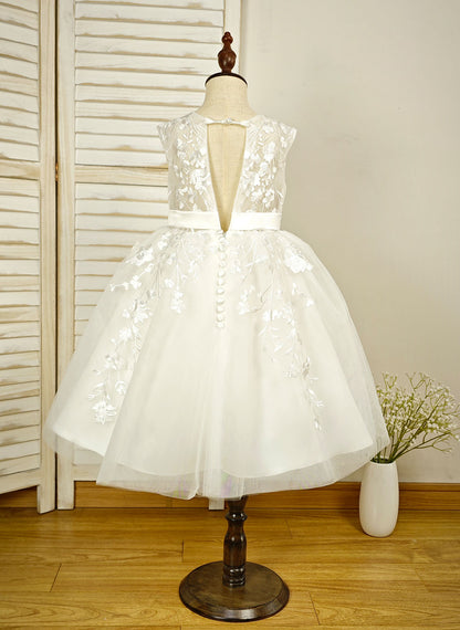 Floryme Ball-Gown Scoop Tulle/Satin Tea-Length Flower Girl Dress With Lace Applique