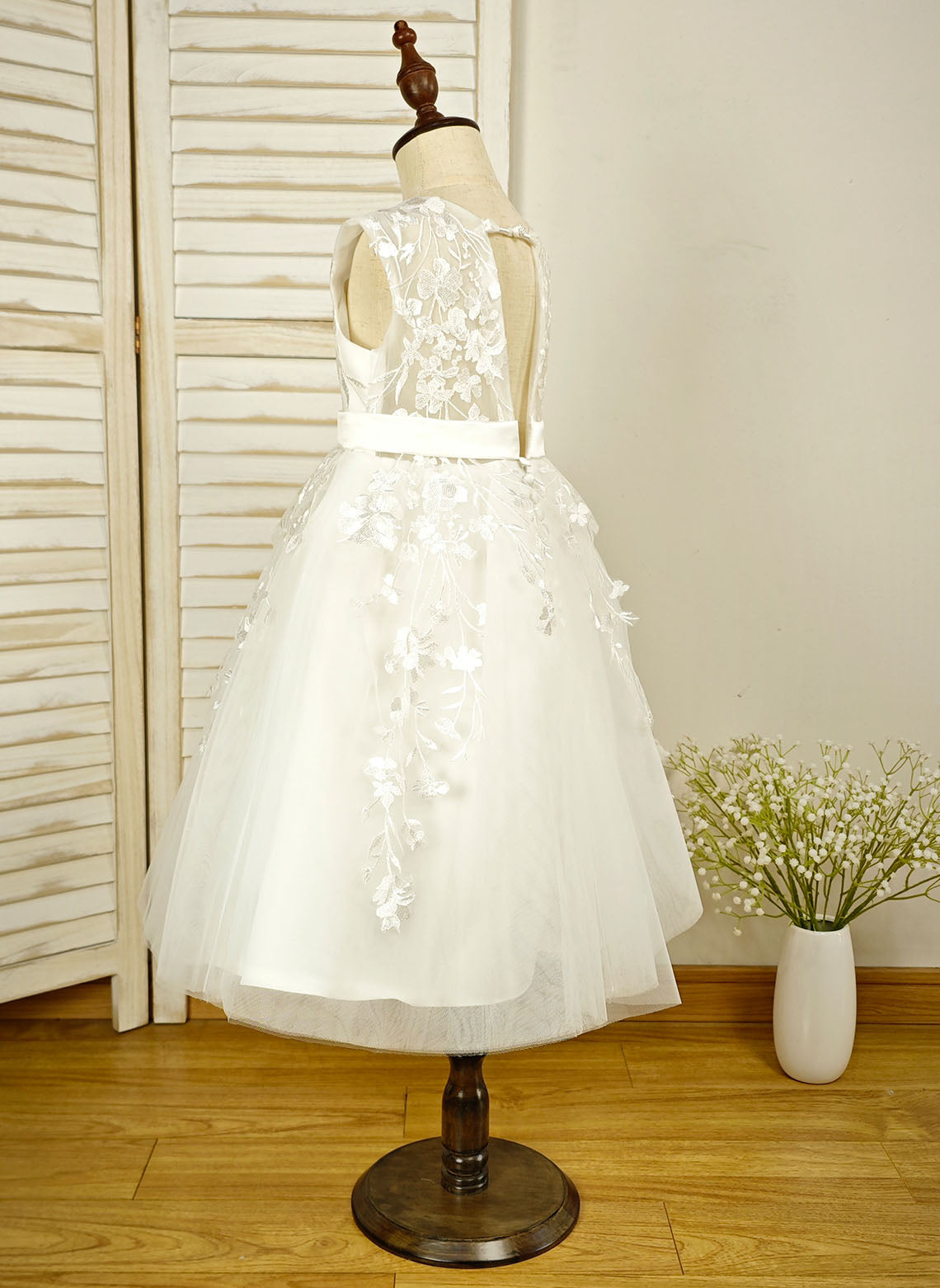 Floryme Ball-Gown Scoop Tulle/Satin Tea-Length Flower Girl Dress With Lace Applique