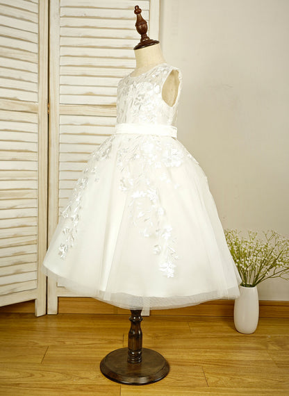 Floryme Ball-Gown Scoop Tulle/Satin Tea-Length Flower Girl Dress With Lace Applique