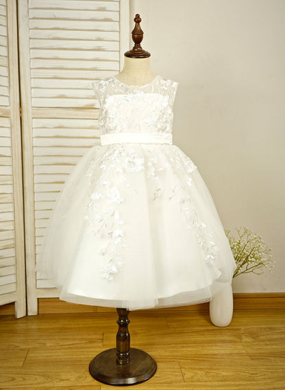 Floryme Ball-Gown Scoop Tulle/Satin Tea-Length Flower Girl Dress With Lace Applique