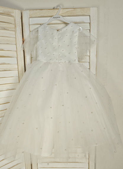 Floryme Ball-Gown Scoop Tulle Tea-Length Flower Girl Dress With Pearls