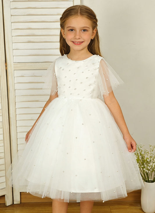 Floryme Ball-Gown Scoop Tulle Tea-Length Flower Girl Dress With Pearls