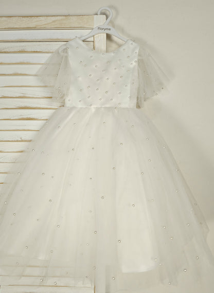 Floryme Ball-Gown Scoop Tulle Tea-Length Flower Girl Dress With Pearls