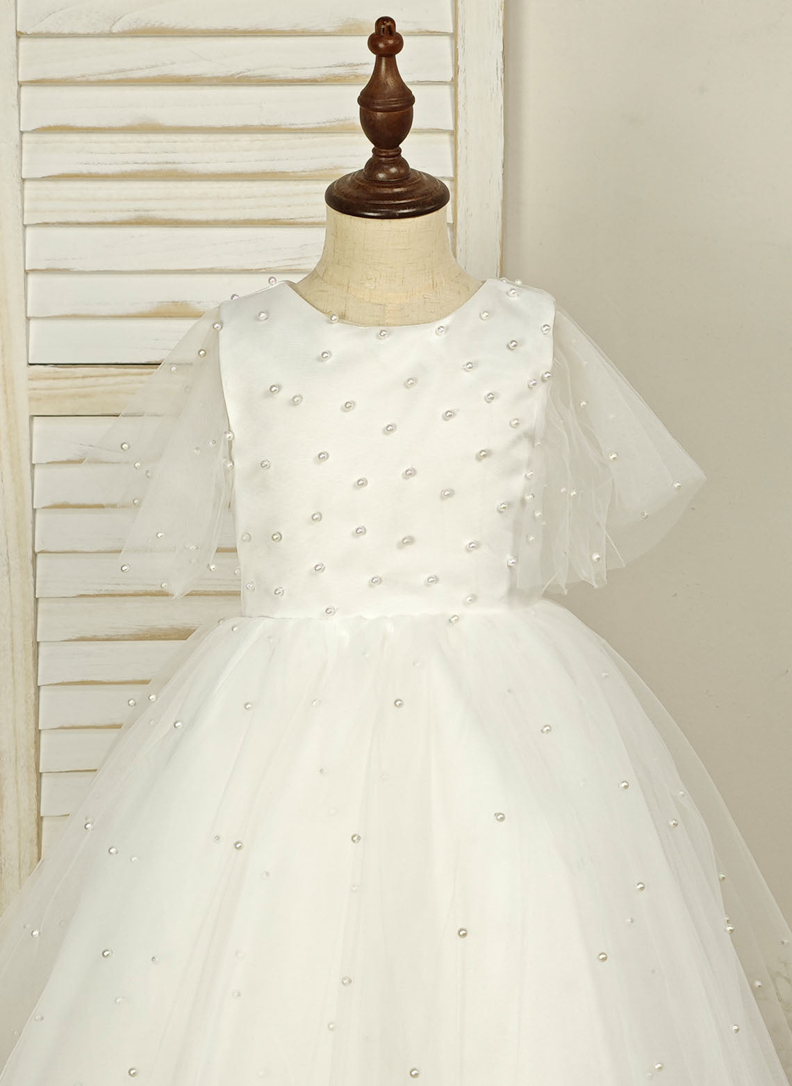 Floryme Ball-Gown Scoop Tulle Tea-Length Flower Girl Dress With Pearls