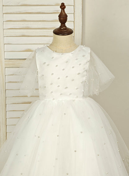 Floryme Ball-Gown Scoop Tulle Tea-Length Flower Girl Dress With Pearls