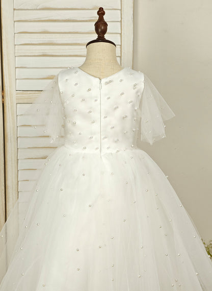 Floryme Ball-Gown Scoop Tulle Tea-Length Flower Girl Dress With Pearls