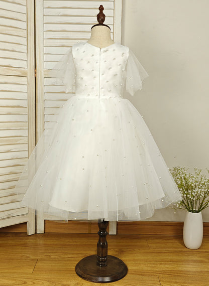 Floryme Ball-Gown Scoop Tulle Tea-Length Flower Girl Dress With Pearls