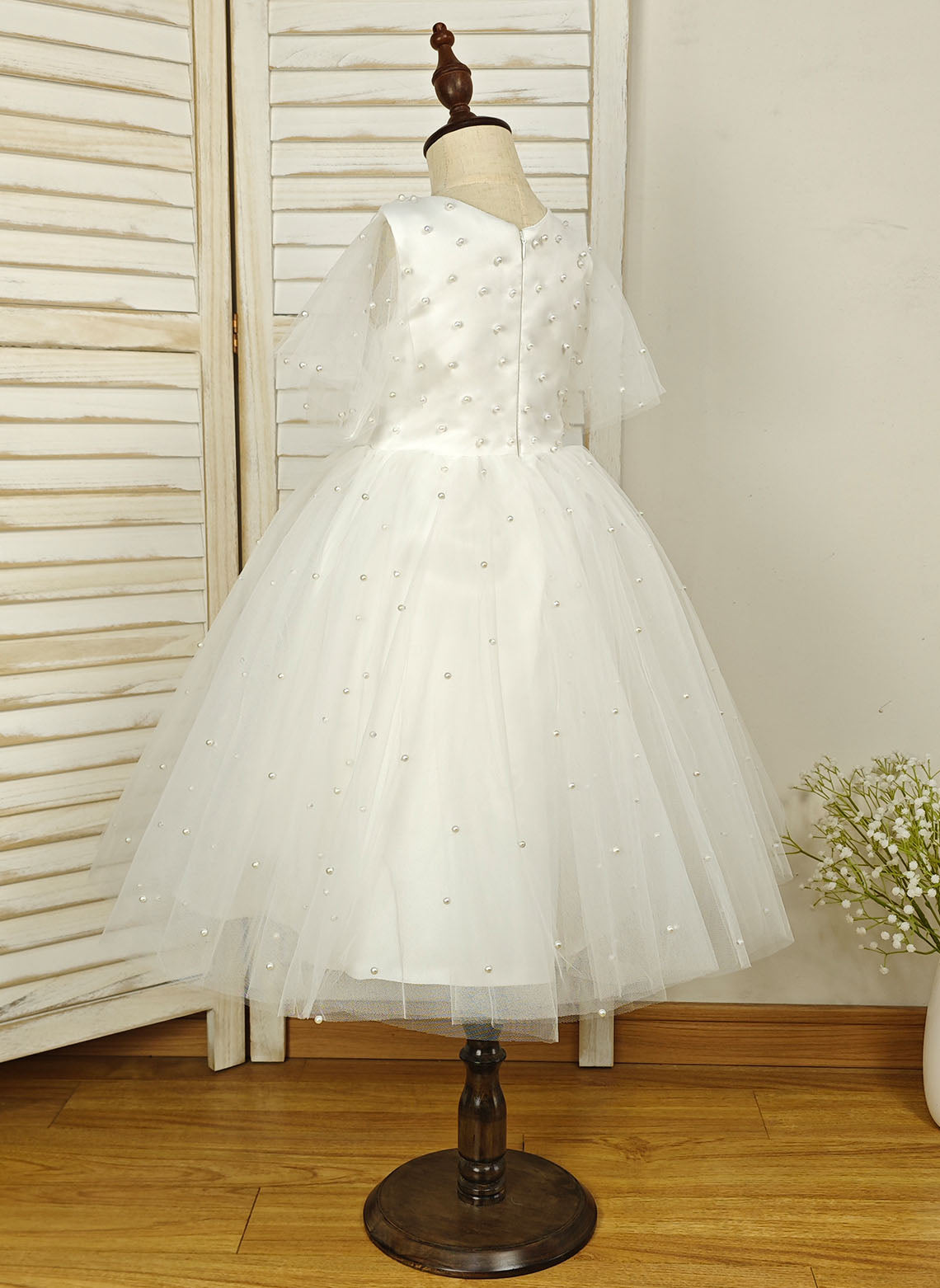 Floryme Ball-Gown Scoop Tulle Tea-Length Flower Girl Dress With Pearls