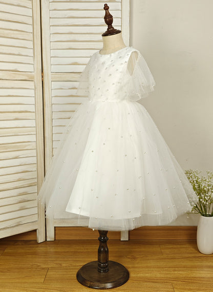 Floryme Ball-Gown Scoop Tulle Tea-Length Flower Girl Dress With Pearls