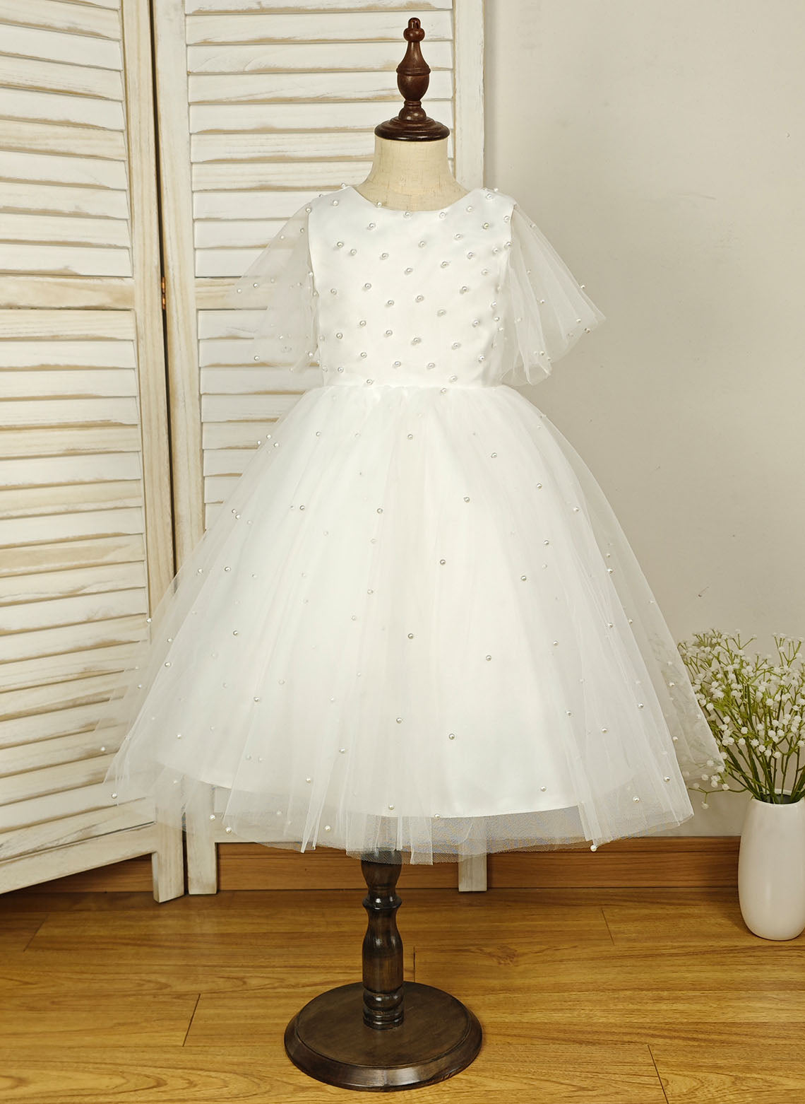 Floryme Ball-Gown Scoop Tulle Tea-Length Flower Girl Dress With Pearls