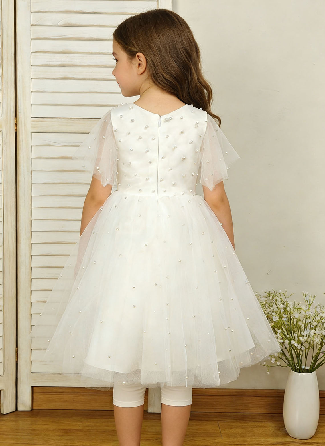Floryme Ball-Gown Scoop Tulle Tea-Length Flower Girl Dress With Pearls