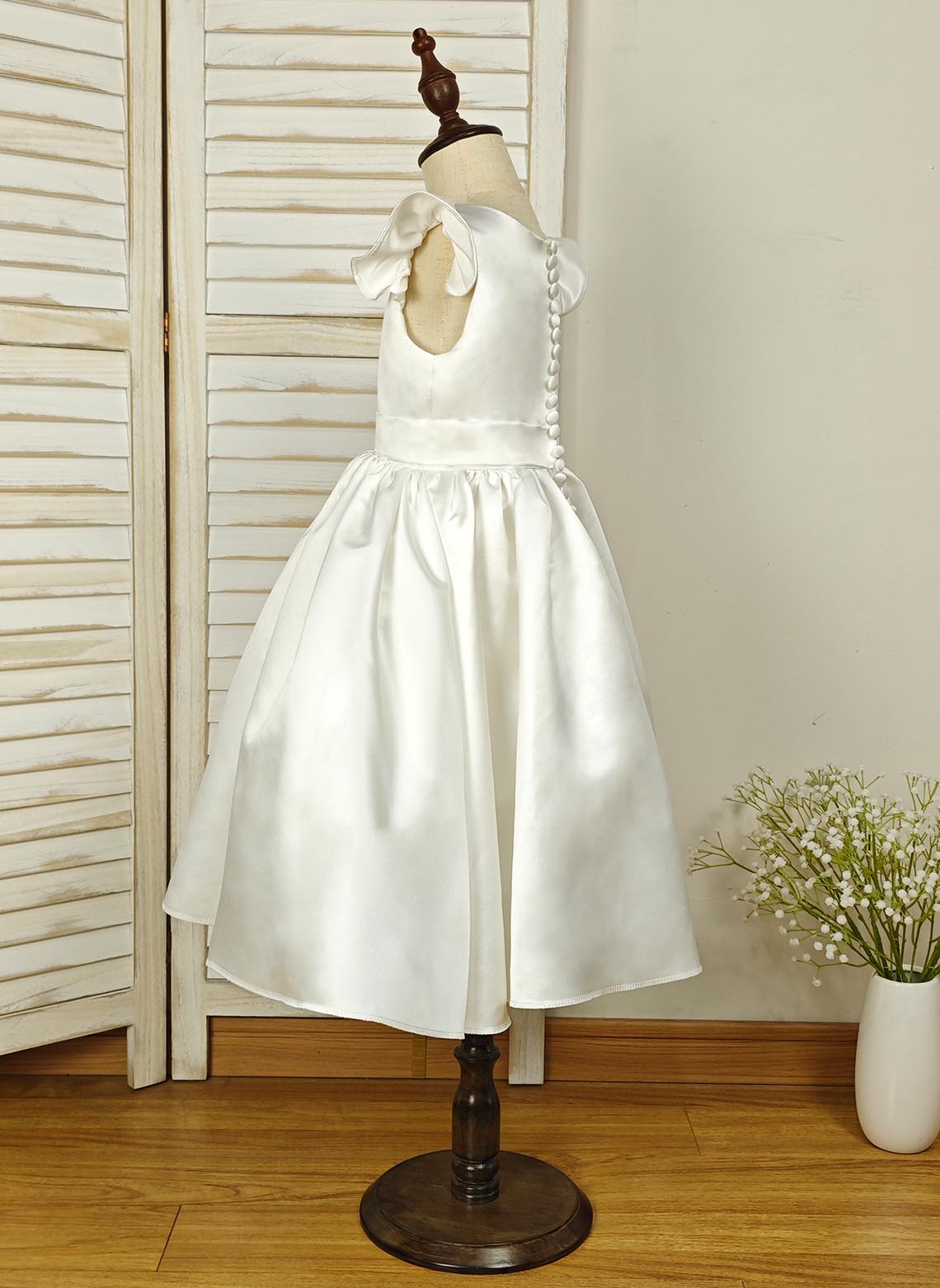 Floryme Ball-Gown Scoop Satin Tea-Length Flower Girl Dress With Ruffles