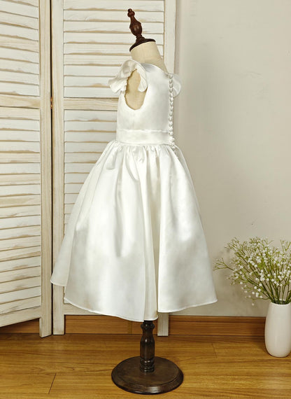 Floryme Ball-Gown Scoop Satin Tea-Length Flower Girl Dress With Ruffles