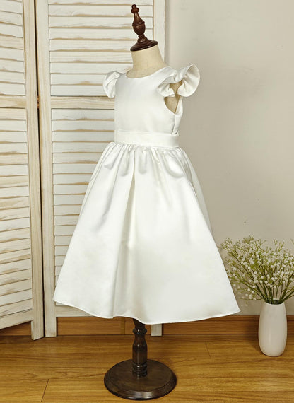 Floryme Ball-Gown Scoop Satin Tea-Length Flower Girl Dress With Ruffles