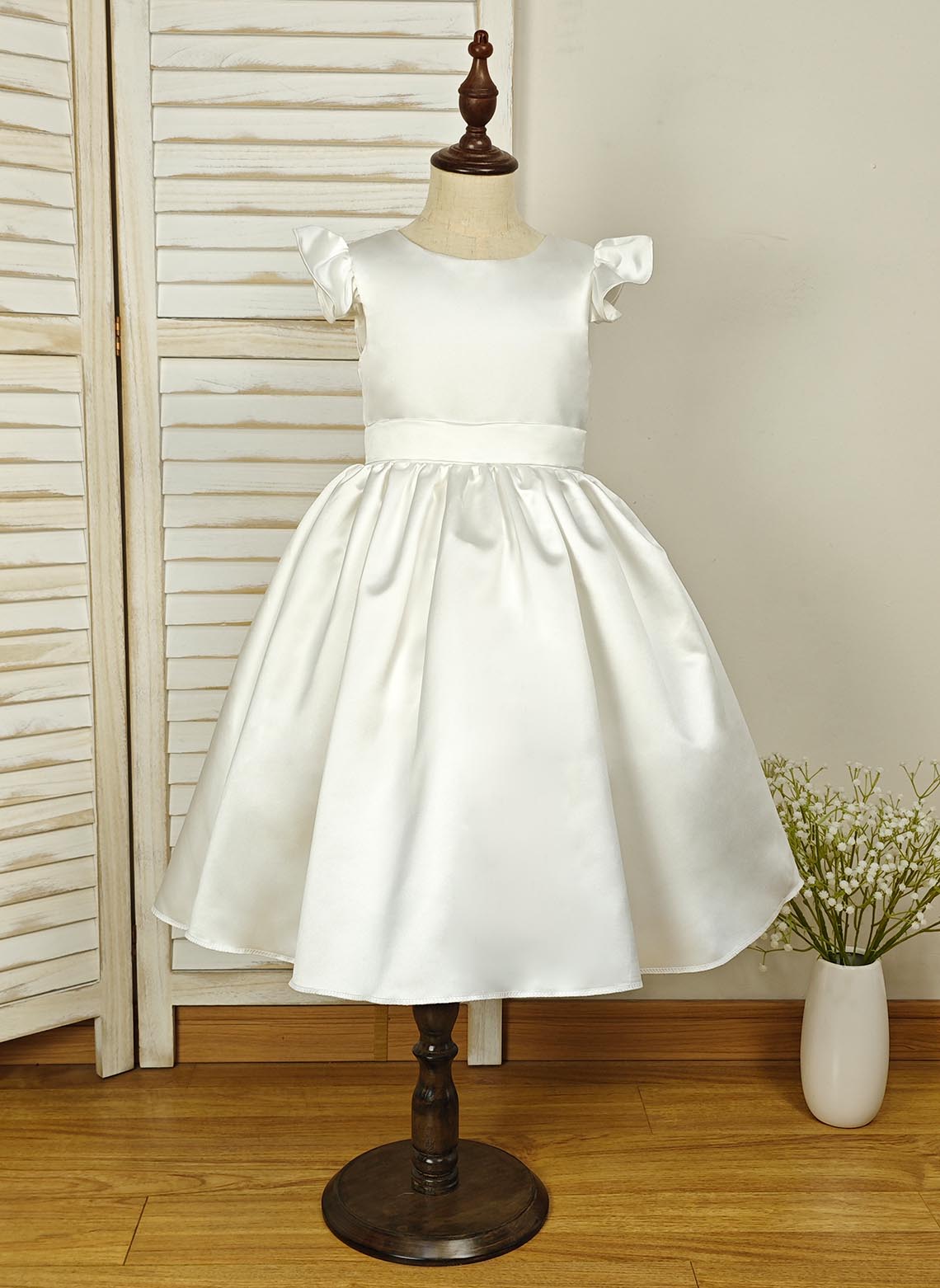 Floryme Ball-Gown Scoop Satin Tea-Length Flower Girl Dress With Ruffles